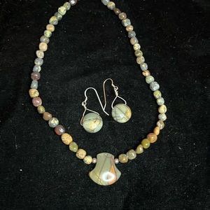 Green tones and gold brown abstract agate and beads with earrings